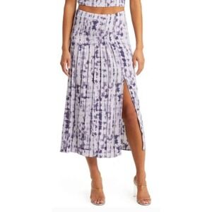 Open Edit Midi Skirt A-Line Pleated High Slit Purple Abstract Womens Medium NEW